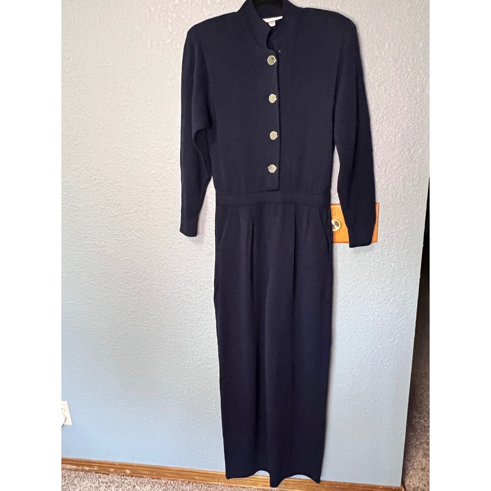 St. John Sportswear Navy Blue Knit Jumpsuit Gold Buttons Mock Neck Vintage Sz 6